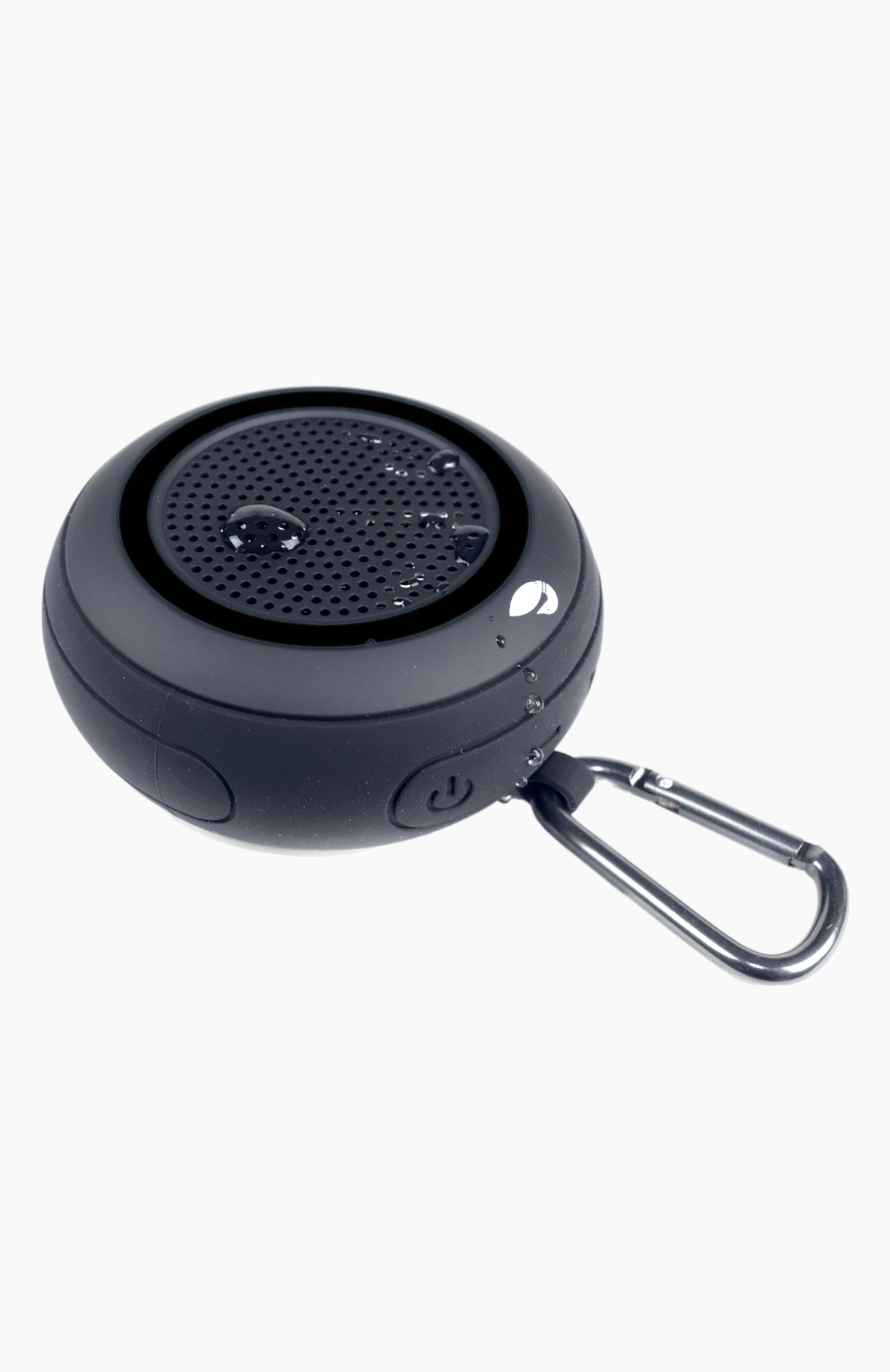 Round black speaker with carabiner clip attached with a few water drops on it.