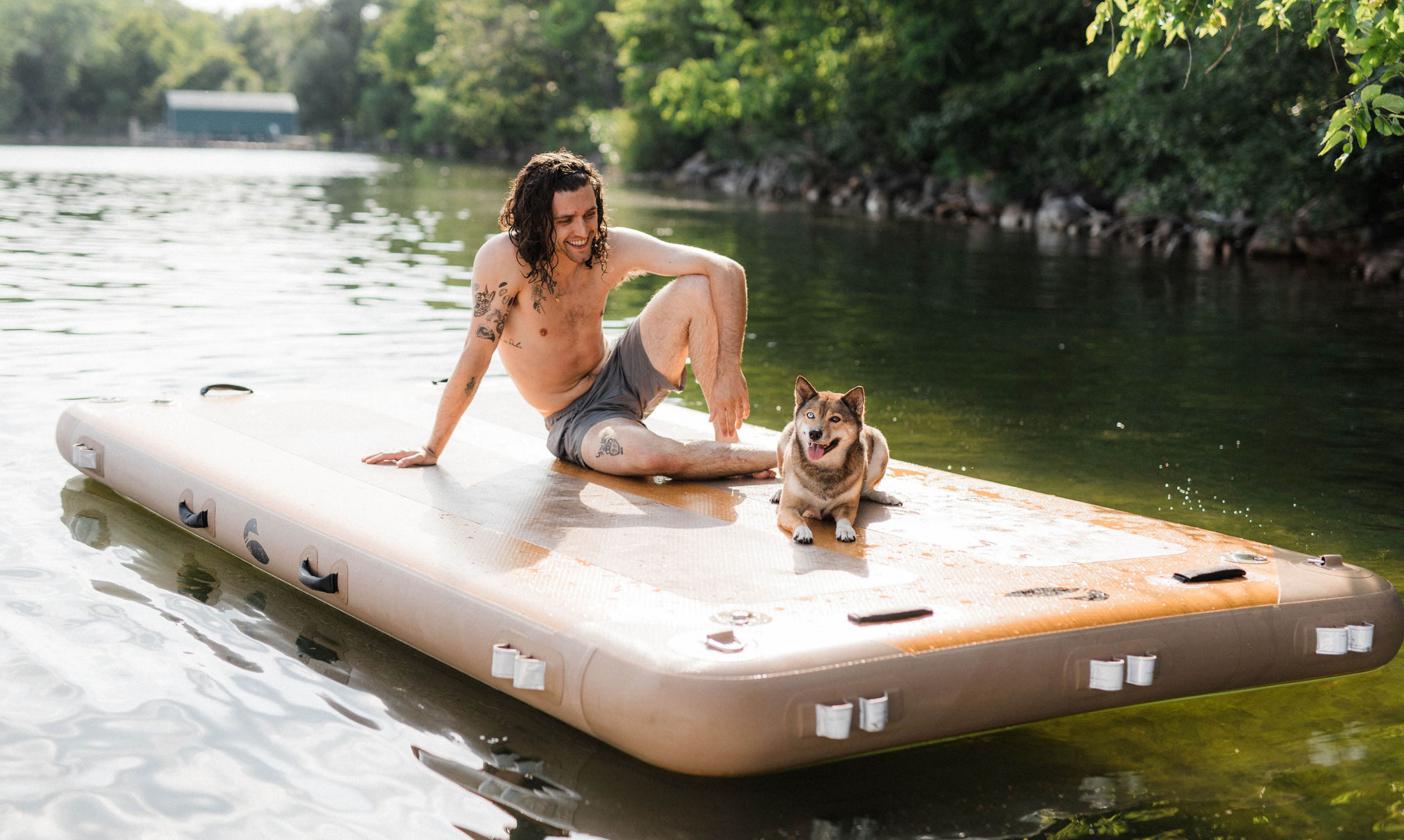 Inflatable dock on lake