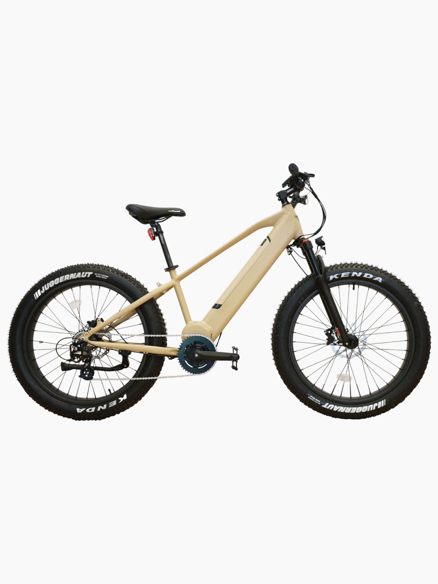 Side view of a tan electric bike with black accents.