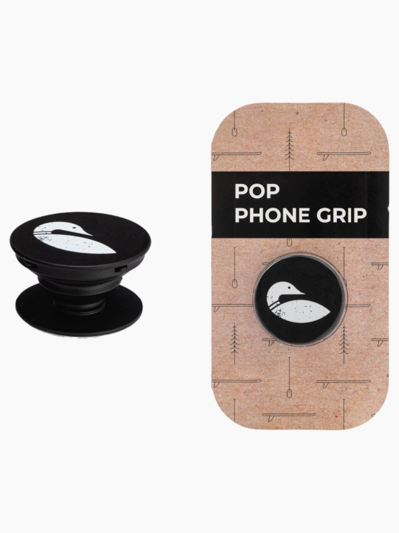 Black pop socket with white loon logo on it next to it's packaging.