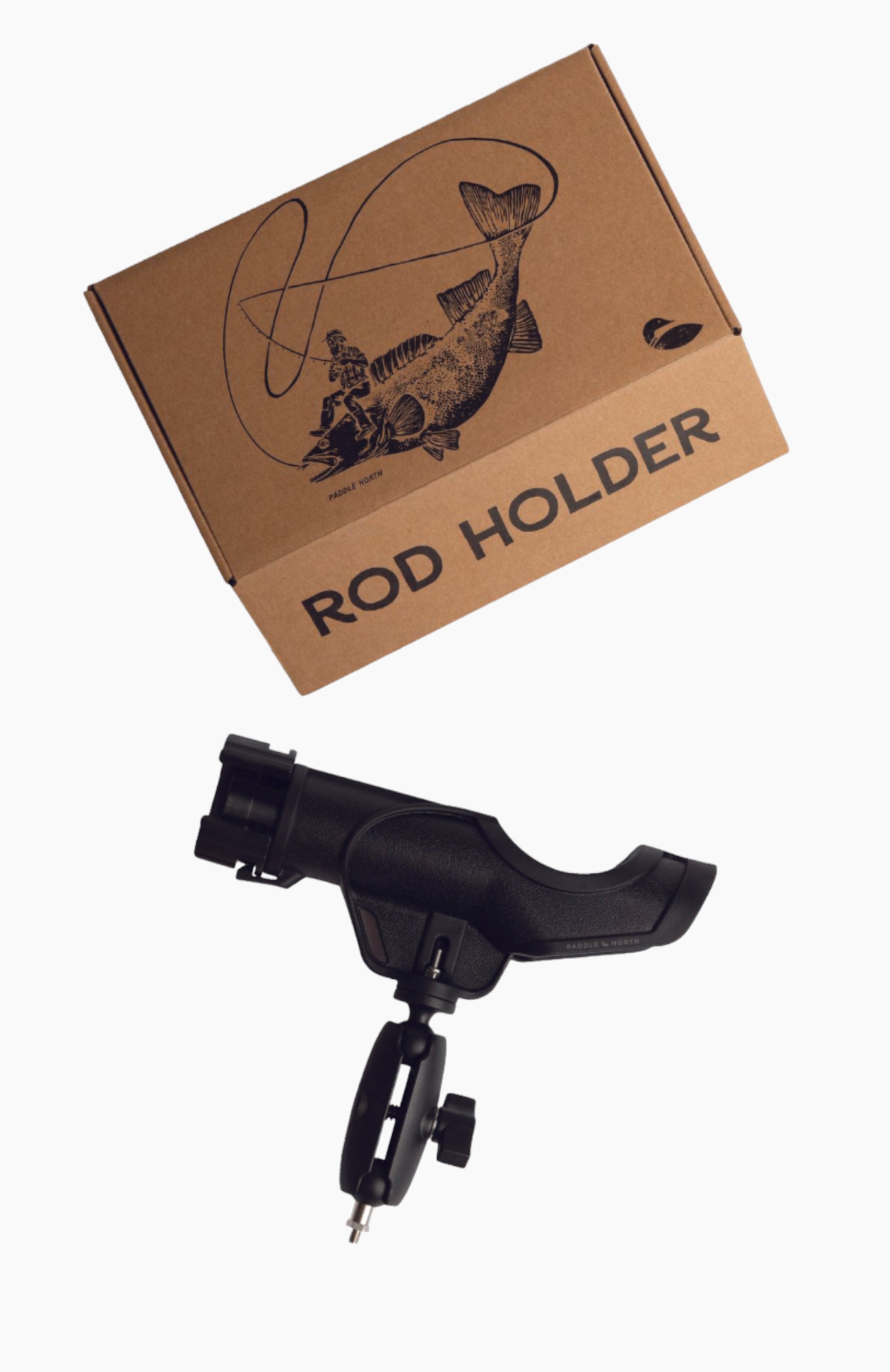 Black fishing rod holder with screw on the bottom for easy install and it's box.