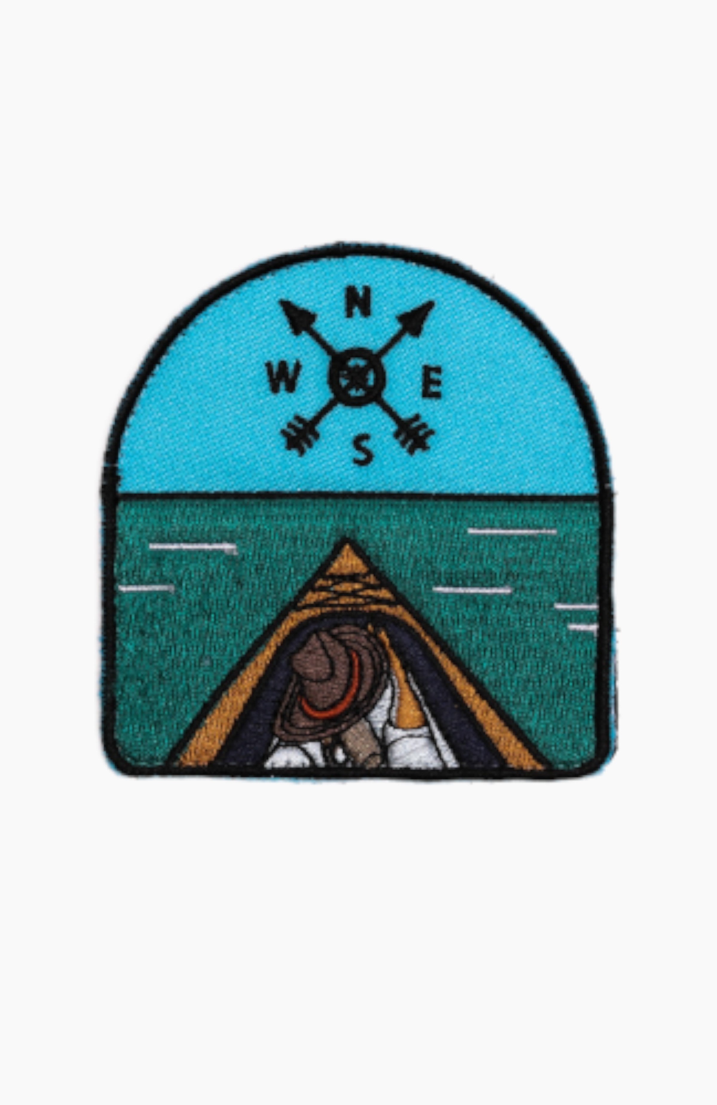 Woven patch with a compass on the top and the front of a paddle board on the bottom.