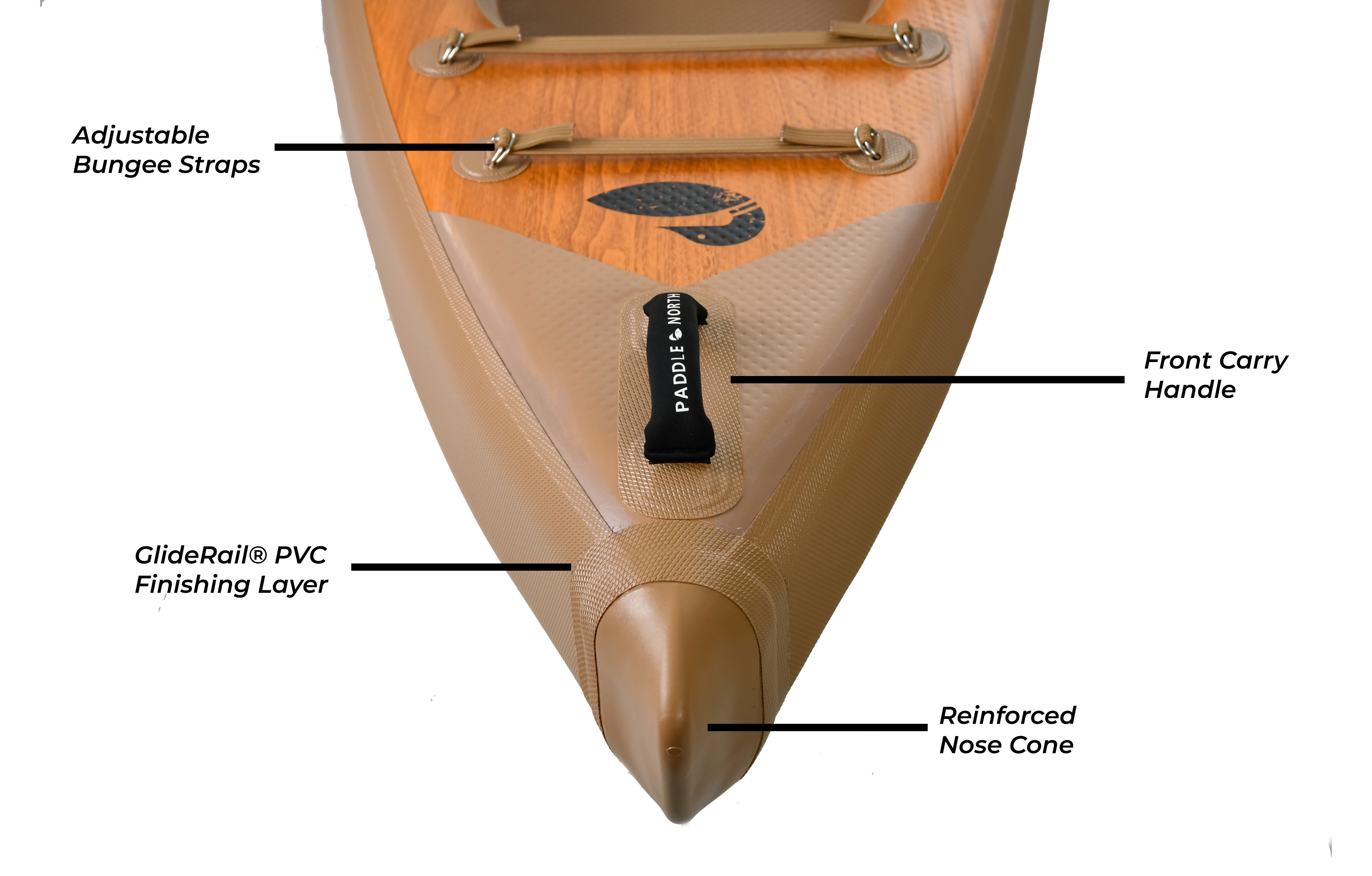 Karve XL inflatable tandem kayak features, adjustable bungee straps, front carry handle, reinforced PVC side rail, and nose cone