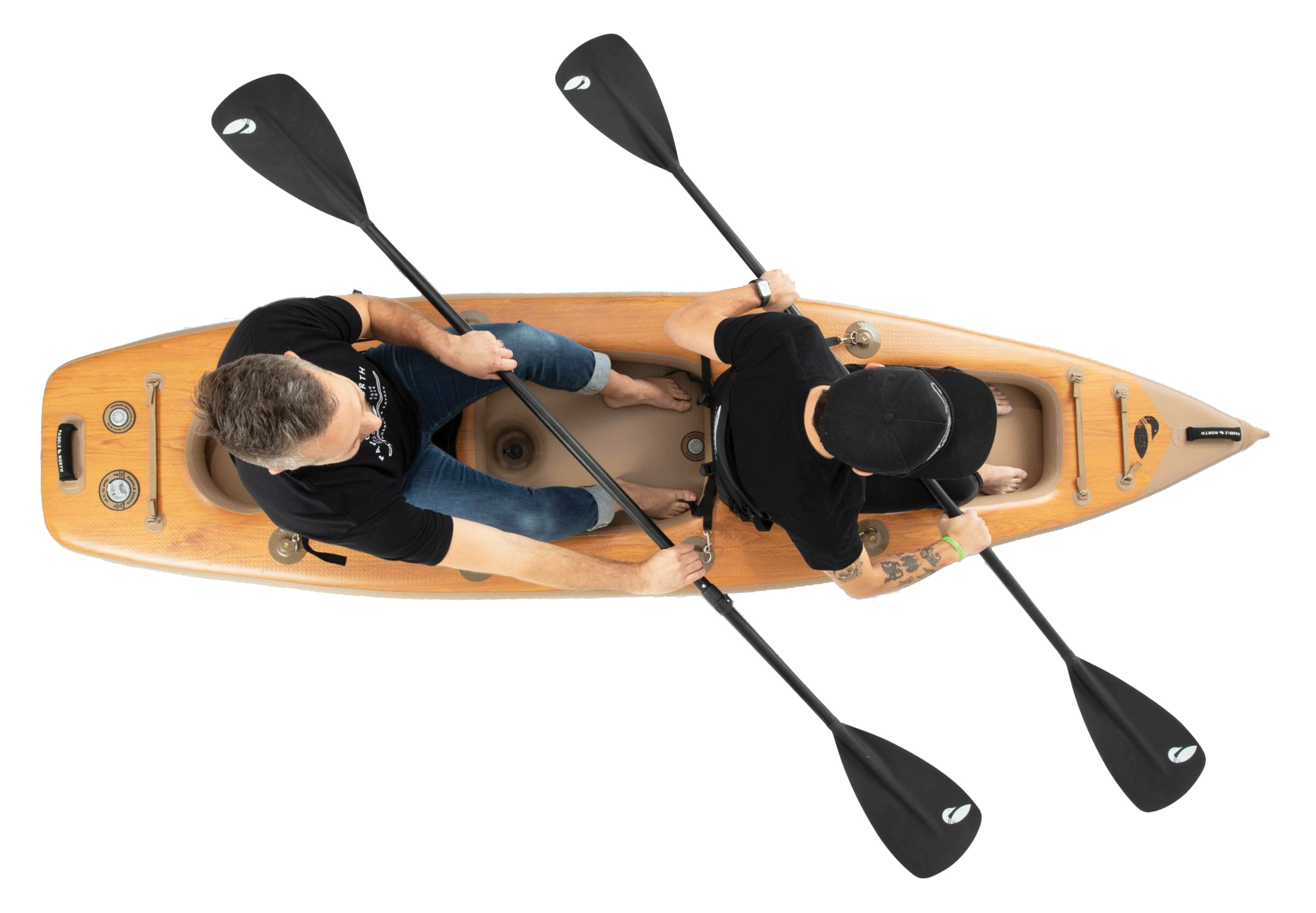Karve XL inflatable tandem kayak with two paddlers, against white background
