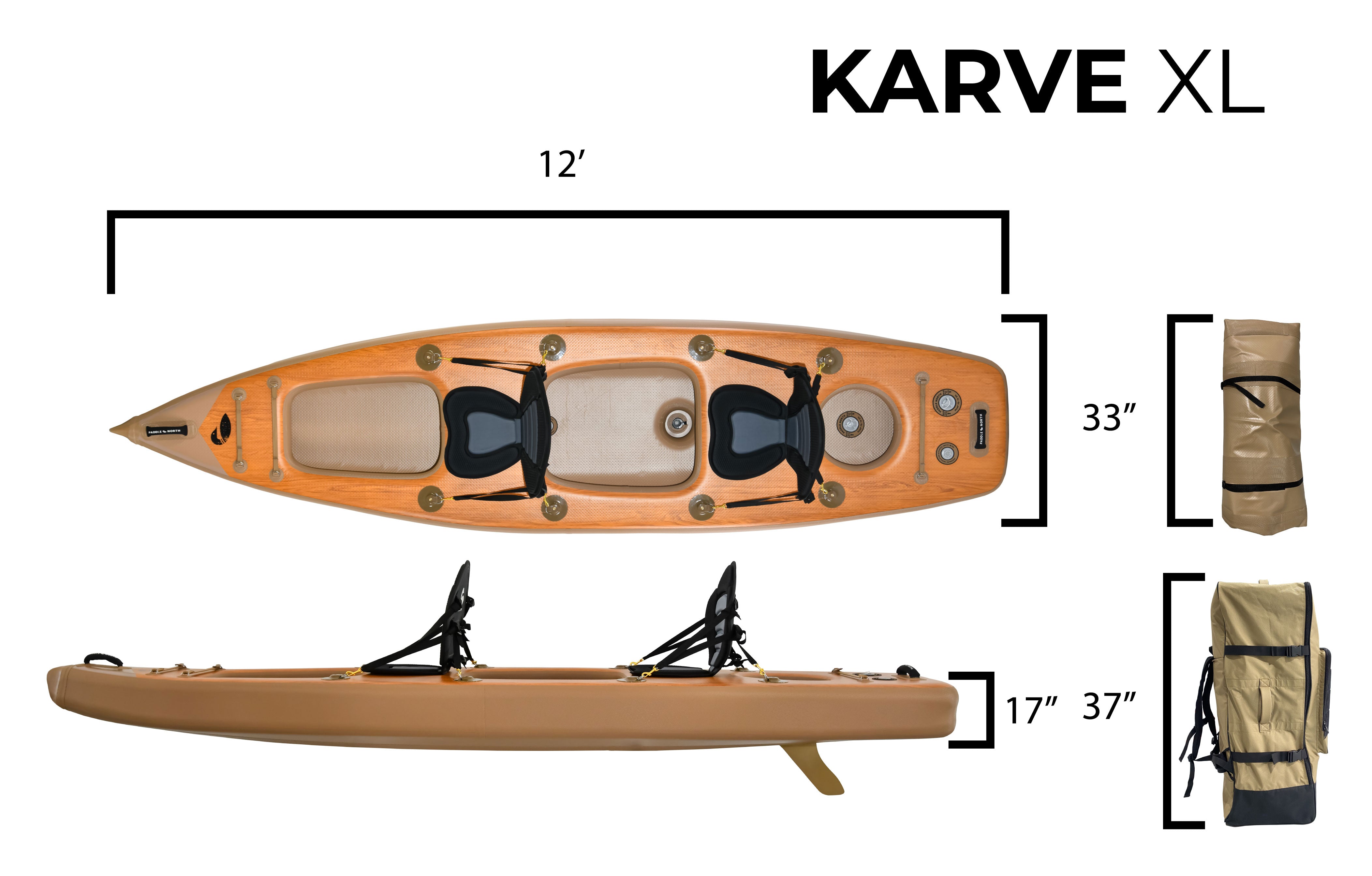 Karve XL inflatable tandem kayak specs, 12' long and 33" wide